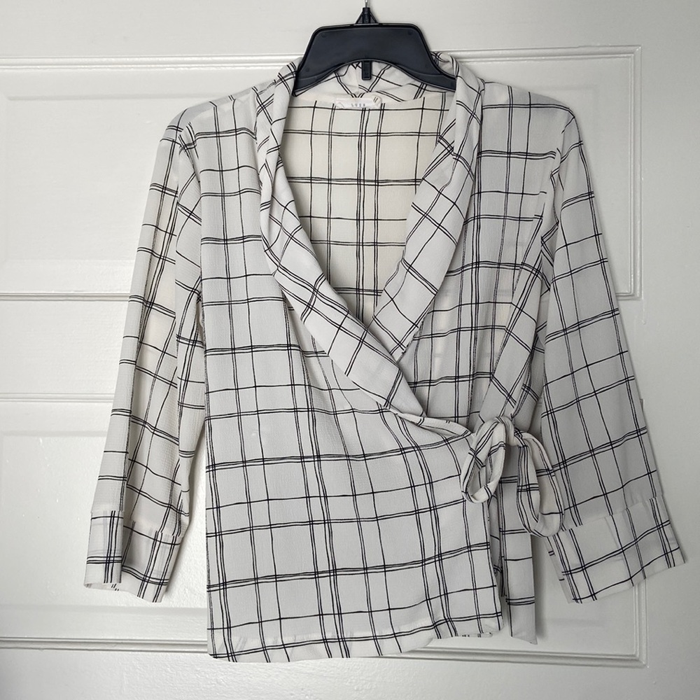 White and black cross wrap blouse